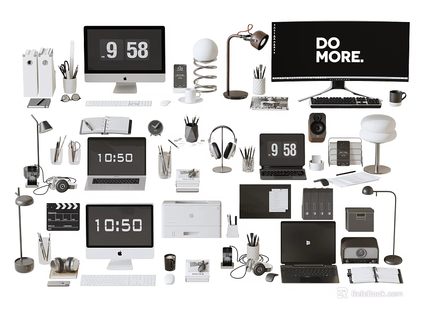 Assorted Office Equipment Collection With Computers Lamps Headphones And Time Displays 3d model 