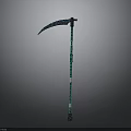 Ancient Fantasy Scythe With Green Decorative Long Handle And Blue Sharp Blade Design