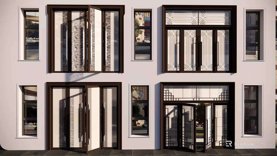 Modern Black Framed Double Glass Doors With Decorative Grilles And Sleek Design 3d model 