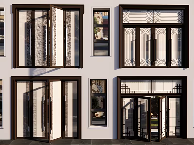 Modern Black Framed Double Glass Doors With Decorative Grilles And Sleek Design 3d model