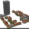 Commercial Street Design With Tall Modern Building Red Roof Structures Glass Plaza And Open Layout