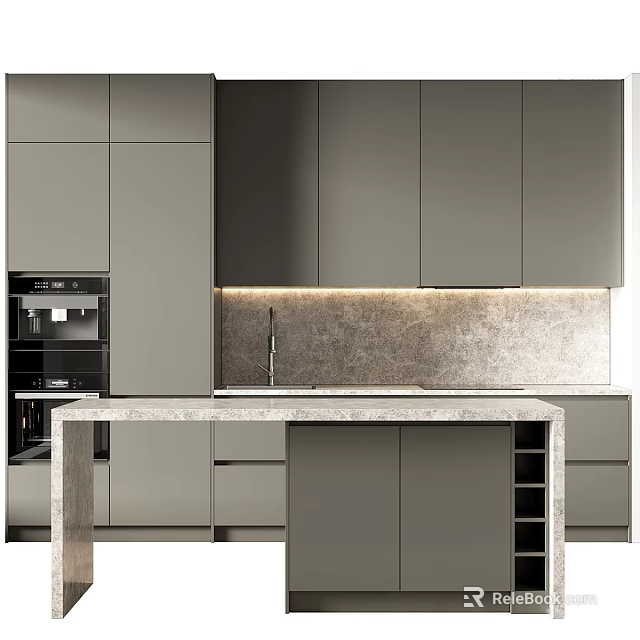 Stylish Modern Kitchen Interior With Cabinets Island Counter And Appliances 3d model 