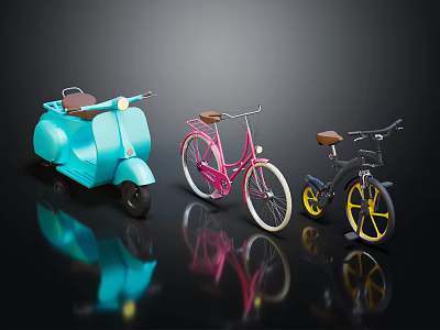 Classic Blue Scooter Motorcycle With Pink And Black Bicycles And Reflections 3d model