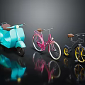 Classic Blue Scooter Motorcycle With Pink And Black Bicycles And Reflections
