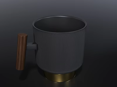 Gray Ribbed Mug with Wooden Handle and Gold Base Modern Design 3d model