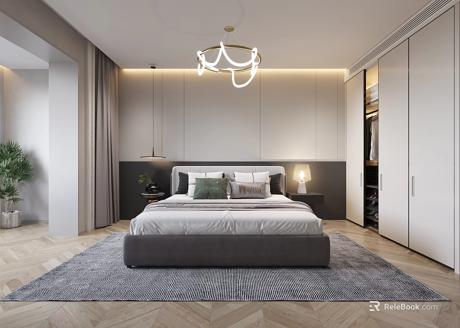 Modern Minimalist Bedroom With Large Gray Bed Nightstands Table Lamps Chandelier And Built In Wardrobe 3d model 