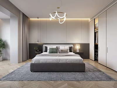 Modern Minimalist Bedroom With Large Gray Bed Nightstands Table Lamps Chandelier And Built In Wardrobe 3d model