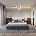 Modern Minimalist Bedroom With Large Gray Bed Nightstands Table Lamps Chandelier And Built In Wardrobe