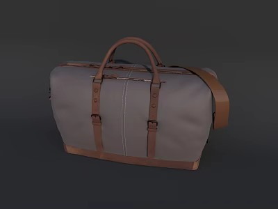 Gray Duffel Bag With Brown Leather Handles Straps White Stitching And Base 3d model