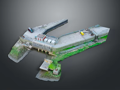 Detailed Water Lock Structure Model Featuring Sluice Gate Control Building And Grass Area 3d model