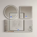 Minimalist Round And Square Mirrors On Light Grey Wall With Artwork And Plant
