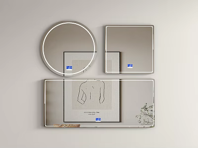 Minimalist Round And Square Mirrors On Light Grey Wall With Artwork And Plant 3d model