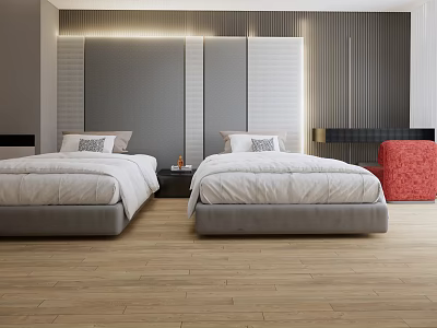 Modern Hotel Guest Room With Twin Beds White Linens Gray Headboard And Wooden Flooring 3d model