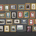 Framed Wall Art Collection With Various Styles Frames Arranged On Dark Wall 3d model