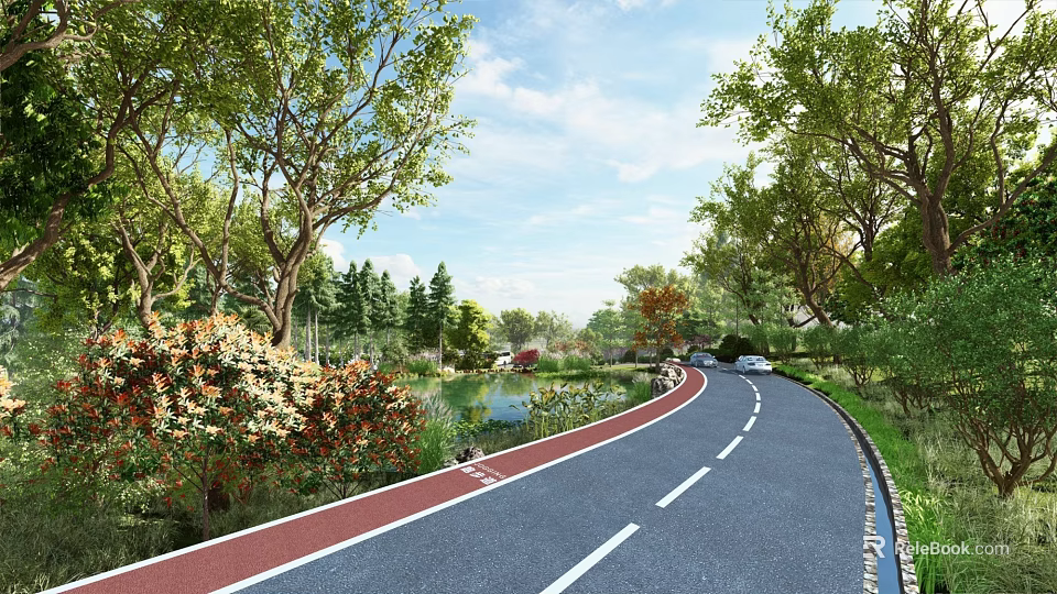 Curved Municipal Road With Red Bicycle Lane Green Vegetation Trees Flowers And Pond 3d model 