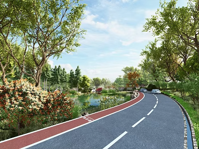 Curved Municipal Road With Red Bicycle Lane Green Vegetation Trees Flowers And Pond 3d model