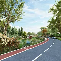Curved Municipal Road With Red Bicycle Lane Green Vegetation Trees Flowers And Pond
