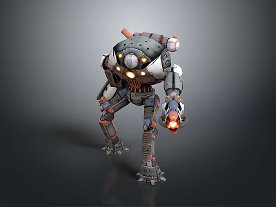 Futuristic Mechanical Robot Character Holding Glowing Object With Industrial Limbs And Circular Lights 3d model