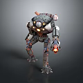 Futuristic Mechanical Robot Character Holding Glowing Object With Industrial Limbs And Circular Lights
