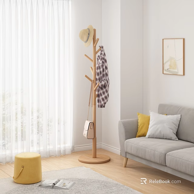 Wooden Tree Shaped Coat Rack With Hat Plaid Shirt And Handbag In Modern Living Room 3d model 