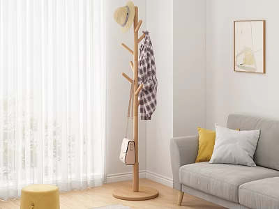 Wooden Tree Shaped Coat Rack With Hat Plaid Shirt And Handbag In Modern Living Room 3d model