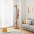 Wooden Tree Shaped Coat Rack With Hat Plaid Shirt And Handbag In Modern Living Room