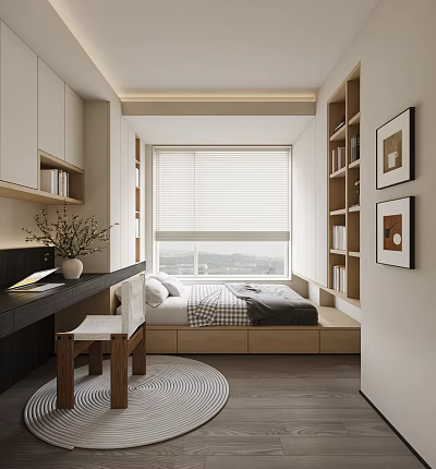 Tatami Bedroom Interior Design With Built in Bookshelves Window Blinds Storage Drawers And Desk 3d model