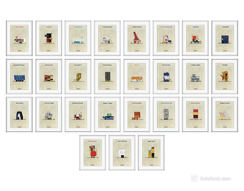 Colorful Abstract Paintings Collection In White Frames As Wall Art 3d model