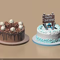 Two Birthday Cakes With Chocolate Drip Cream Balls Blue White Frosting And Happy Birthday Sign