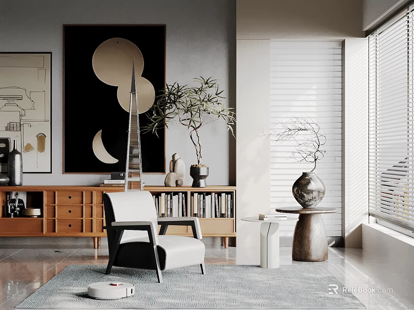 Minimalist Modern Living Room Decorative Ornament Combination with Circular Art Wooden Shelf and Green Plant 3d model 