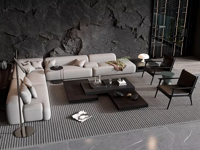 Modern L Shaped Sofa And Coffee Table Set With Black Chairs Striped Rug 3d model