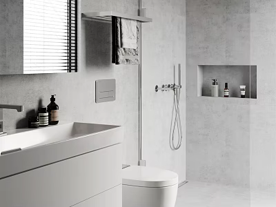 Modern Bathroom Interior Design Featuring Vanity Toilet Shower And Gray Tile Wall Niche 3d model