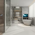 Modern Bathroom Interior With Marble Countertop Large Mirror Storage Cabinets Accent Chair And Natural Light