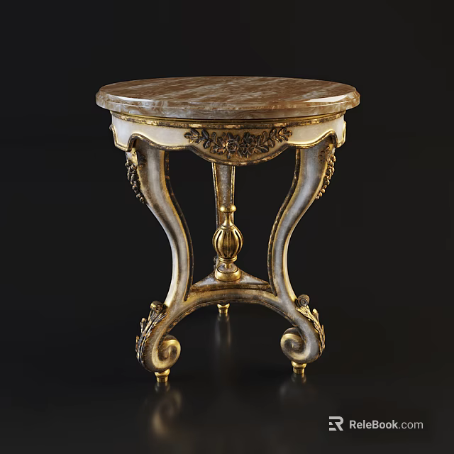Ornate Round Side Table With Marble Top And Gold Carved Silver Accent Legs 3d model 