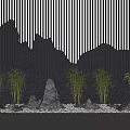 Garden Ornament Design With Mountain Shaped Silhouettes Vertical Slats And Small Trees On Pebble Ground