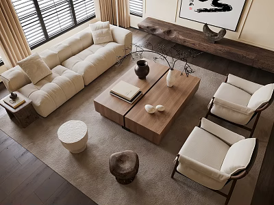 Cozy Living Room Interior With Beige Fabric Sofa Wooden Coffee Table And Accent Chairs 3d model