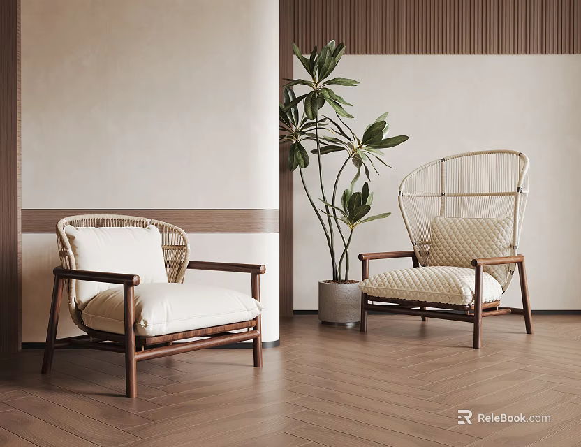 Woven Accent Chairs With Wooden Frame And Light Cushions In Indoor Setting With Green Plant 3d model 