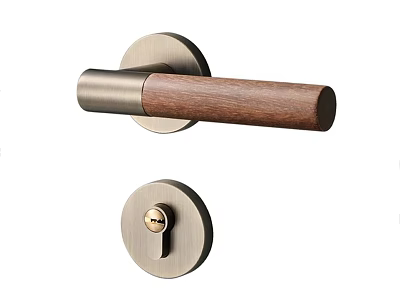 Modern Minimalist Door Handle With Brushed Metal Base Wooden Grip And Round Lock Cylinder 3d model