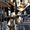 Industrial Metal Shelving Unit With Open Shelves Books Photo Frames And Bulb Lights Decoration