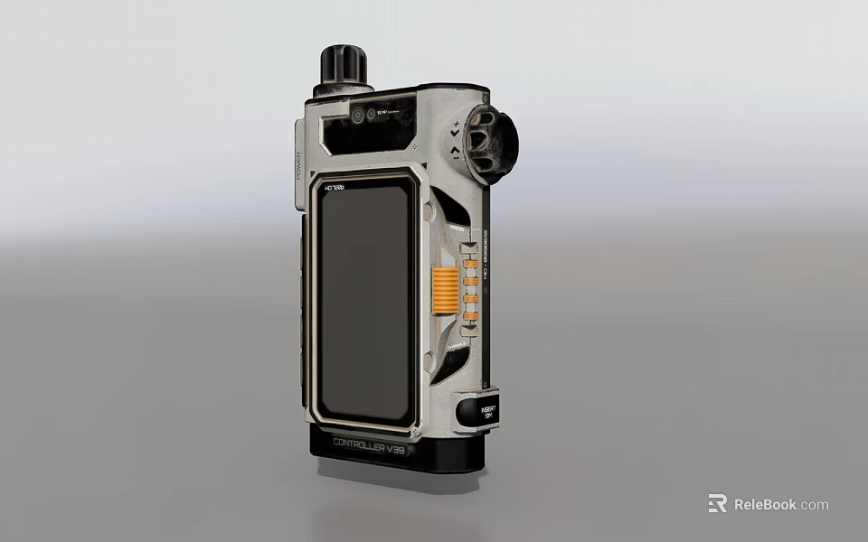 Advanced Tactical Weapon Device Featuring Digital Screen Orange Indicator Lights And Metallic Casing 3d model 