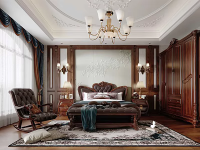 Luxurious Bedroom Interior Featuring Dark Wooden Furniture Carved Headboard Chandelier Rocker Chair And Rug 3d model