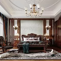 Luxurious Bedroom Interior Featuring Dark Wooden Furniture Carved Headboard Chandelier Rocker Chair And Rug