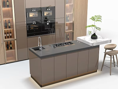 Modern Kitchen Interior With Sleek Cabinets Island Countertop Appliances And Potted Plant 3d model