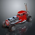 Vintage Red Custom Car With Spiked Tires And Exposed Silver Engine 3d model
