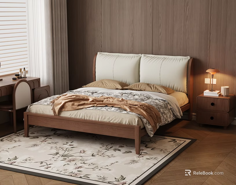 Modern Double Bed With Wooden Frame Light Headboard Bedside Table Lamp And Floral Rug 3d model 
