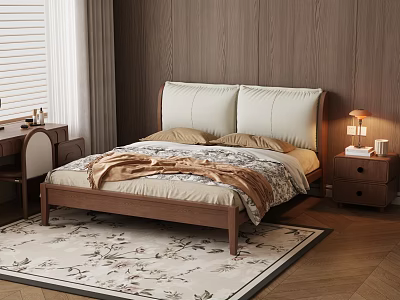 Modern Double Bed With Wooden Frame Light Headboard Bedside Table Lamp And Floral Rug 3d model