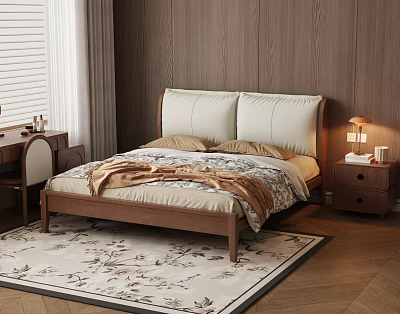 Modern Double Bed With Wooden Frame Light Headboard Bedside Table Lamp And Floral Rug 3d model