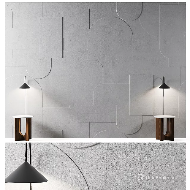 Gray Geometric Pattern Background Wall With Modern Table Lamps And Wooden Side Tables 3d model 