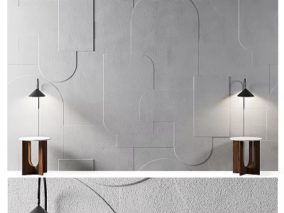 Gray Geometric Pattern Background Wall With Modern Table Lamps And Wooden Side Tables 3d model
