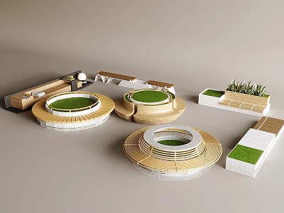 Circular Landscape Seating With Wooden Frames And Grass Lawn Design Elements 3d model